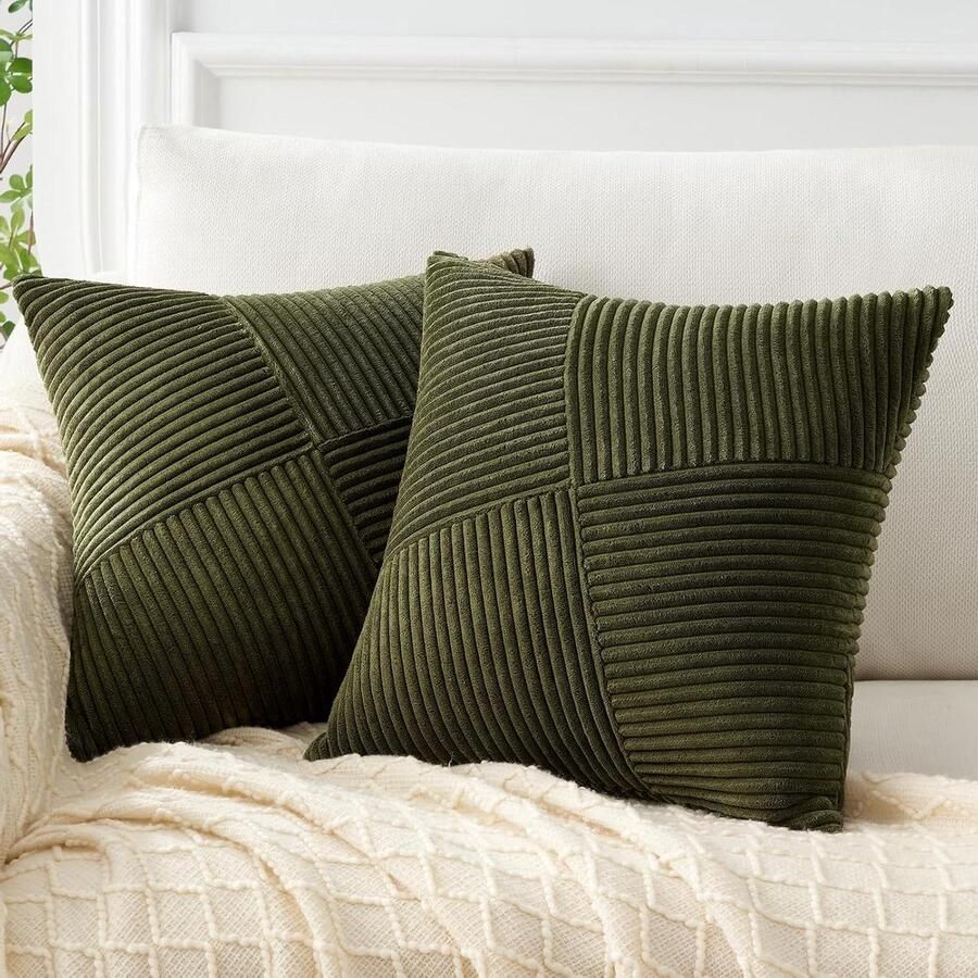 Allecto Plus Kussenhoes 50x50 Olijfgroen Kordsatijn 2er Set Windmolen Strepen Patroon Kussenhoezen Kussenhuls Decoratief Kussen Sofa Patchwork Design Woonkamer Bed Slaapkamer Bank