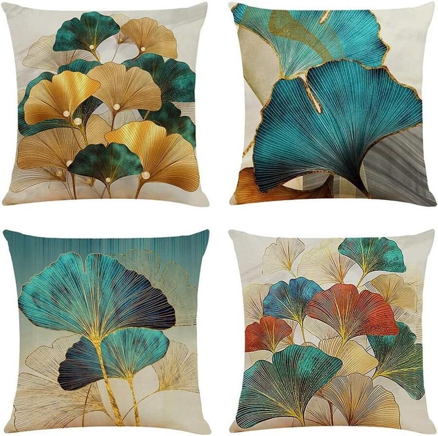 Kussenhoes 45x45 Set Van 4 Turkoois Goud Ginkgo Decoratief Kussen Natuurlijk Landhuisstijl Bankkussen Linnen Luxe Voor Slaapbank Woonkamer
