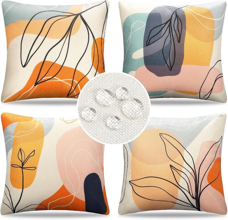 Kussenhoes 50 x 50 cm outdoor sierkussen set van 4 boho abstract bladeren lente zomer Waterdichte linnen kussenhoes voor bank bed auto tuin terras