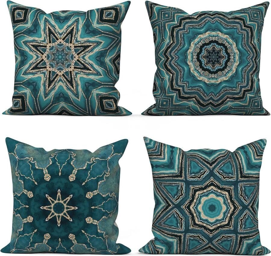 Kussenhoes 50 x 50 cm set van 4 retro geometrisch patroon blauw gouden bank decoratieve kussenhoezen wasbaar polyester vlas textiel kussensloop voor buitenbekleding