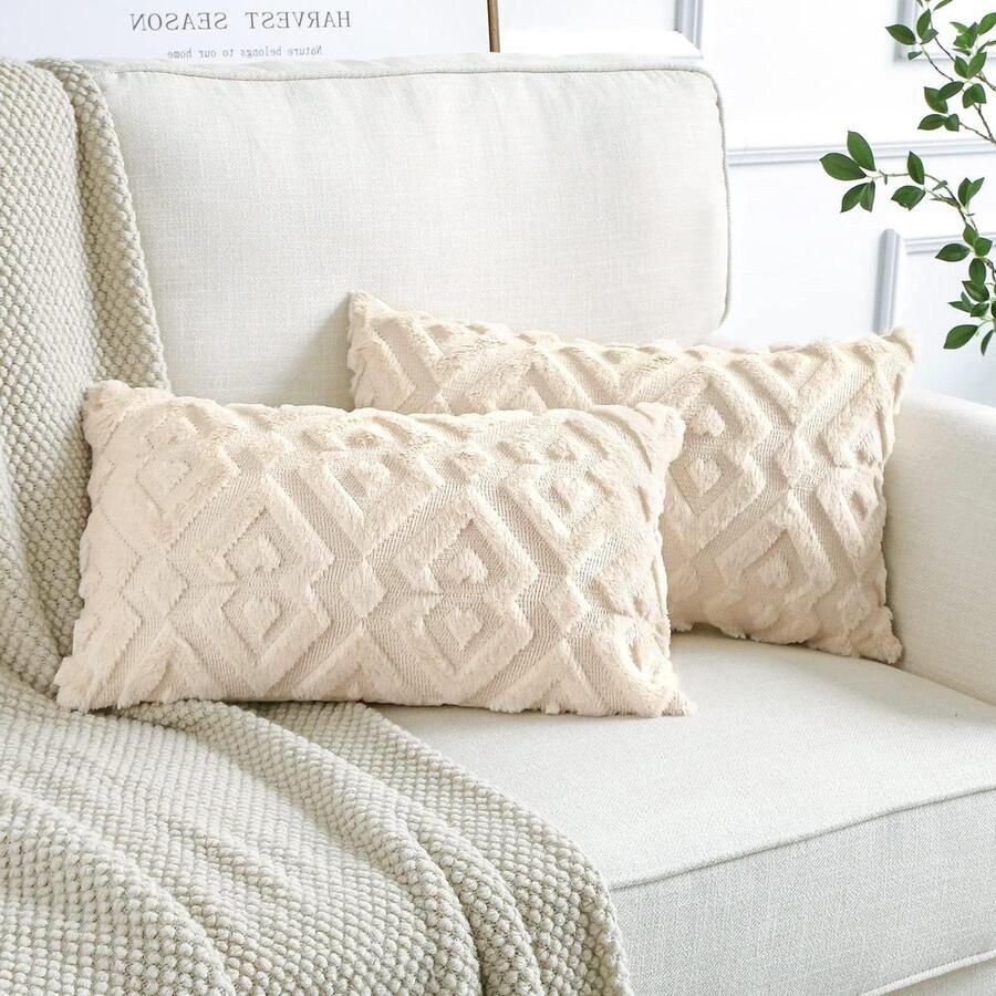 Kussenhoes 50x60 Set van 2 wollen kussenhoezen zacht pluche kort wolfluweel decoratieve kussenovertrekken luxe bankkussen Europese kussenhoes voor bank slaapkamer geometrisch crème beige 30 x 50 cm kussenhoes 50x60