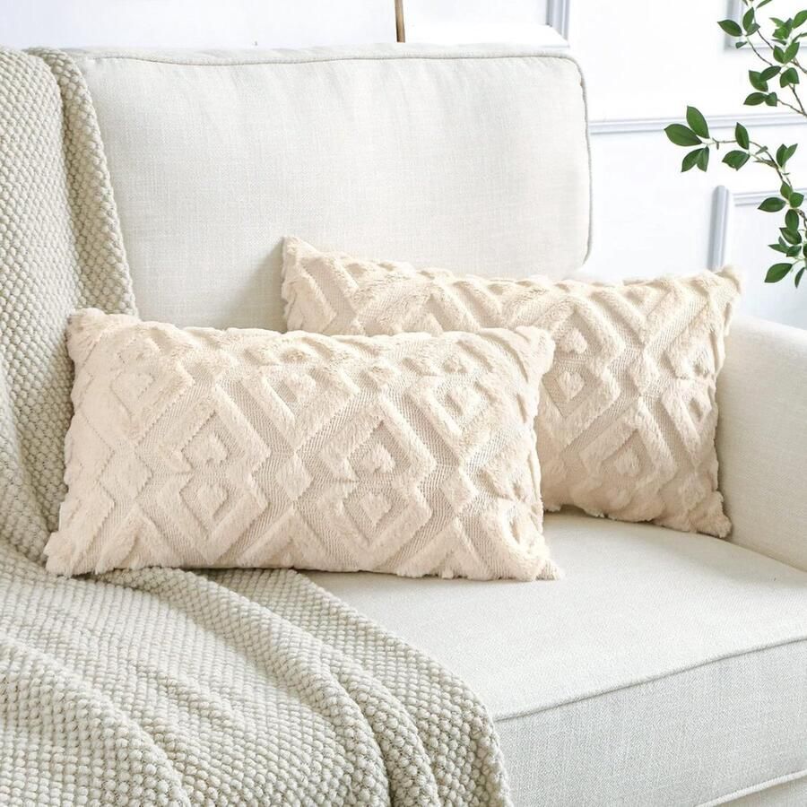 Kussenhoes 50x60 Set van 2 wollen kussenhoezen zacht pluche kort wolfluweel decoratieve kussenovertrekken luxe bankkussen Europese kussenhoes voor bank slaapkamer geometrisch crème beige 30 x 50 cm kussenhoes 50x60