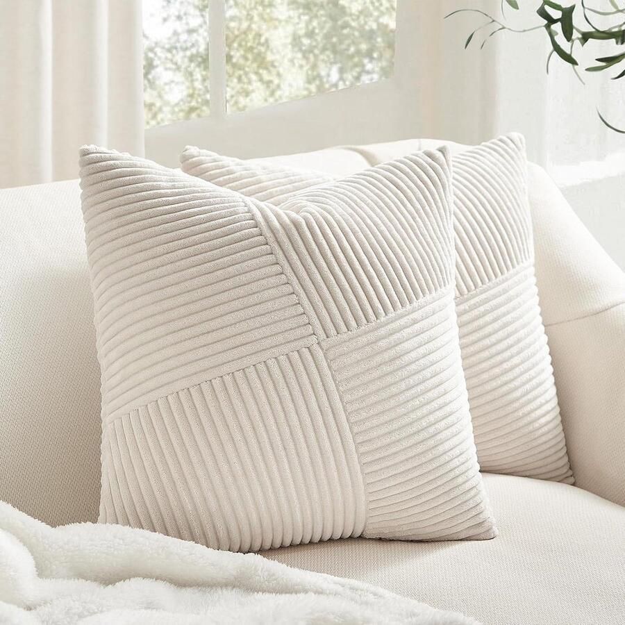 Kussenhoes 60x60 Crème Kordsatijn 2er Set Windmolen-Strepen Patroon Grote Kussenhoezen Sofa Kussen Kussenhuls Decoratief Kussen Patchwork Design Decor Woonkamer Bed Slaapkamer Bank kussenhoes 60x60