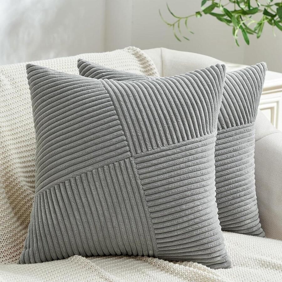 Allecto Plus Kussenhoes 60x60 Grijs Kordsatijn Windmolen Strepen Patroon 2 stuks Decoratieve Kussenhoezen voor Sofa Woonkamer Bed & Bank