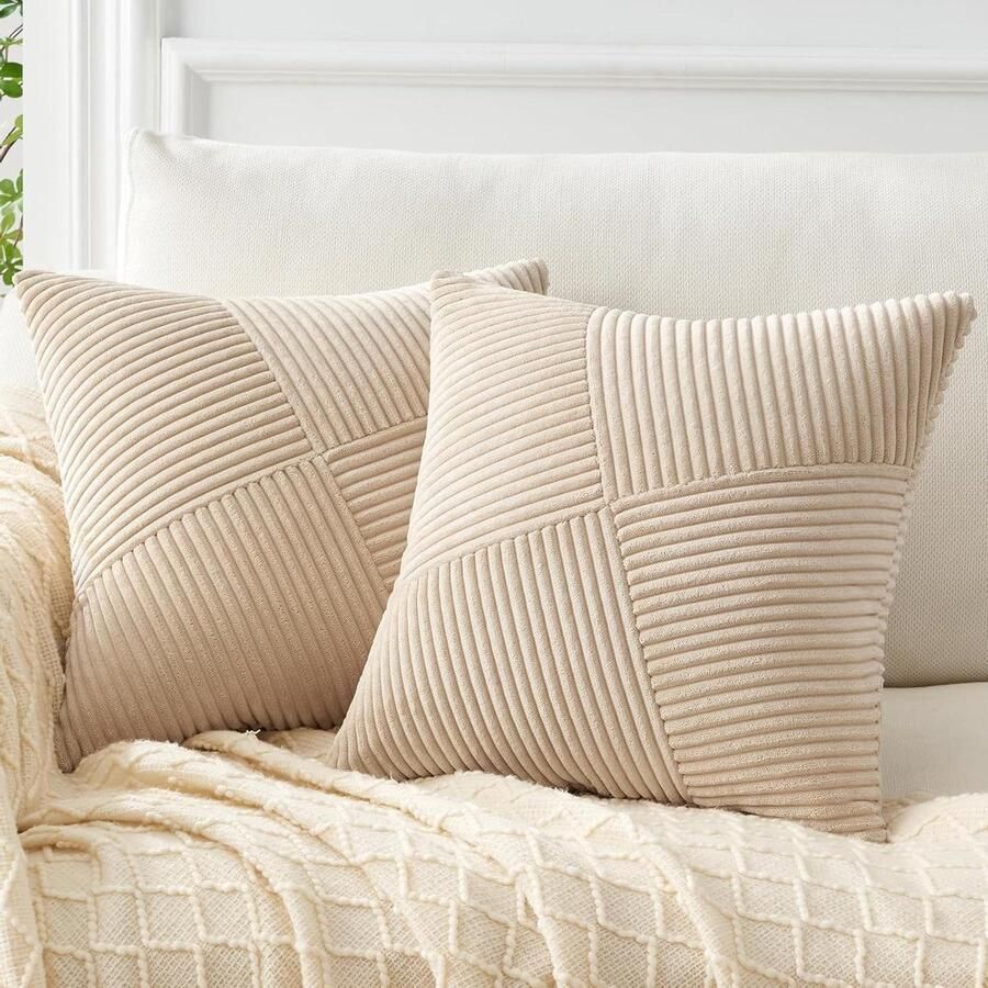 Kussenhoes 60x60 Khaki Kordsamstreep 2-delige set met Windmolen Strepen Patroon Sierkussen Bankkussen Patchwork Ontwerp voor Woonkamer Bed Slaapkamer Bank