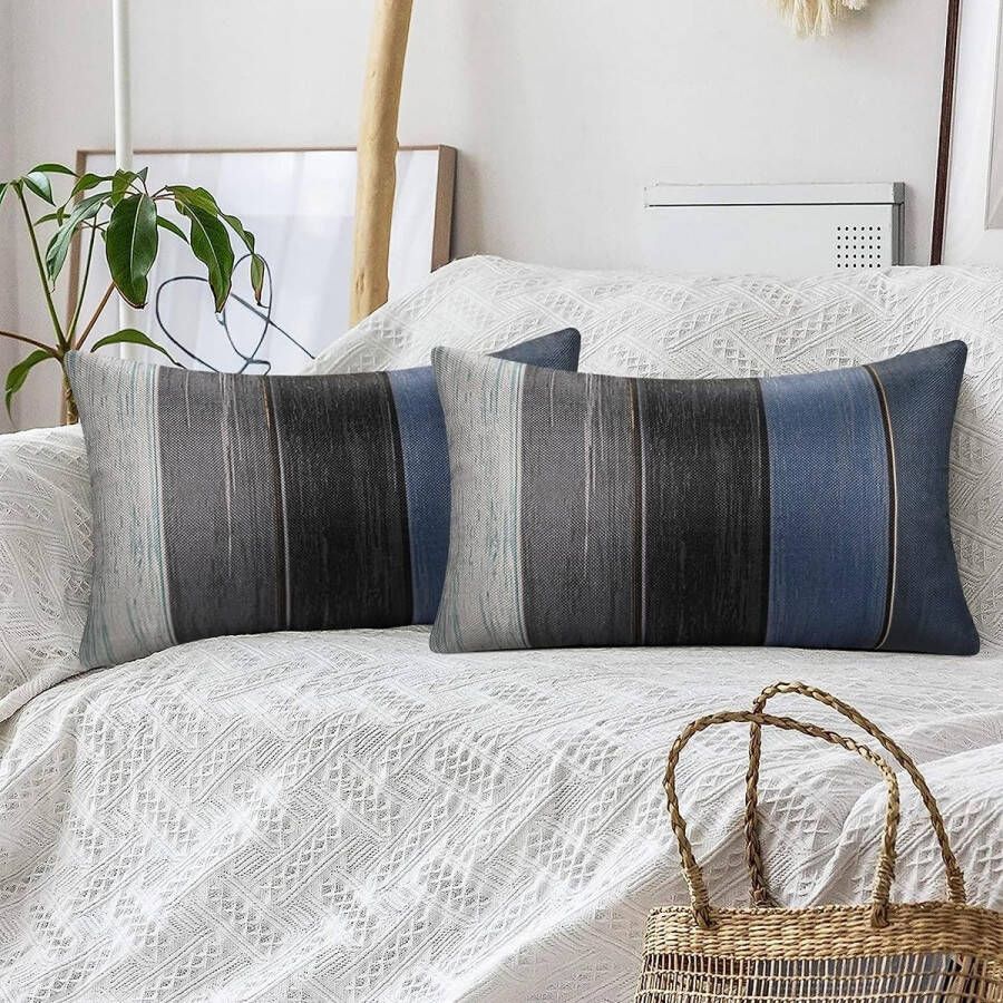 Kussenhoes blauw moderne kussenslopen 30 x 50 cm lendenkussen rechthoekig donkerblauw houtstrepen retro bankkussen sierkussen van rustiek hout van linnen voor bank ritssluiting