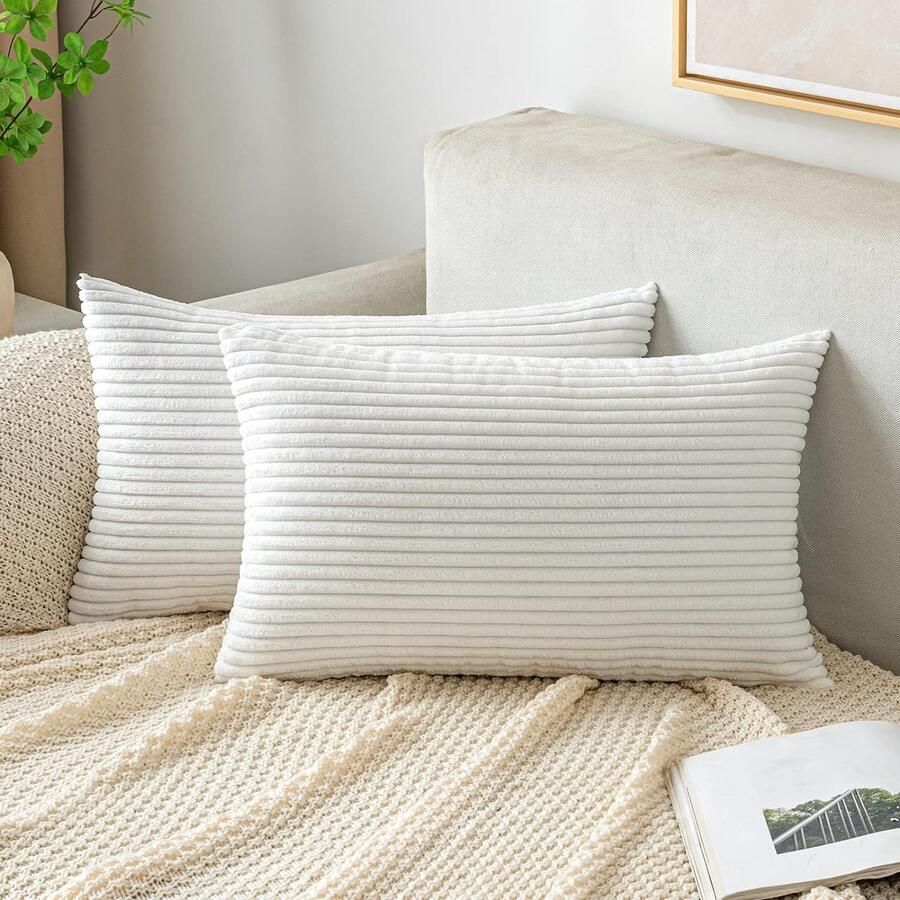 Kussenhoes corduroy decoratieve kussenhoes bankkussen koordkussenhoes decoratieve zachte kussenhoezen voor bank fauteuil huis slaapkamer 30 x 50 cm – zuiver wit