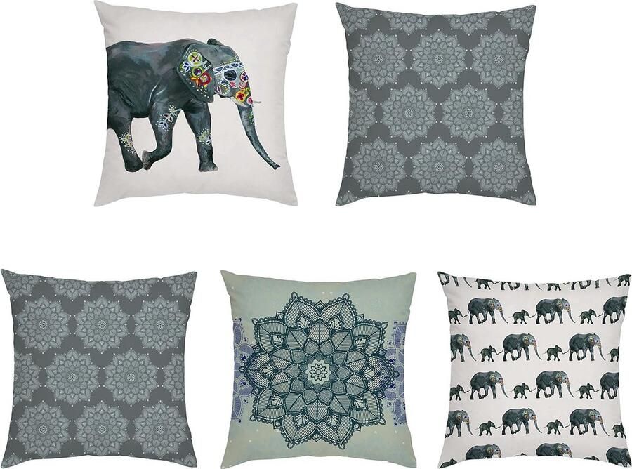 Kussenhoes met print waterafstotend kussenovertrek 45 x 45 cm voor op de bank voor buiten balkon terras patio kussensloop met ritssluiting set van 5 olifantensets