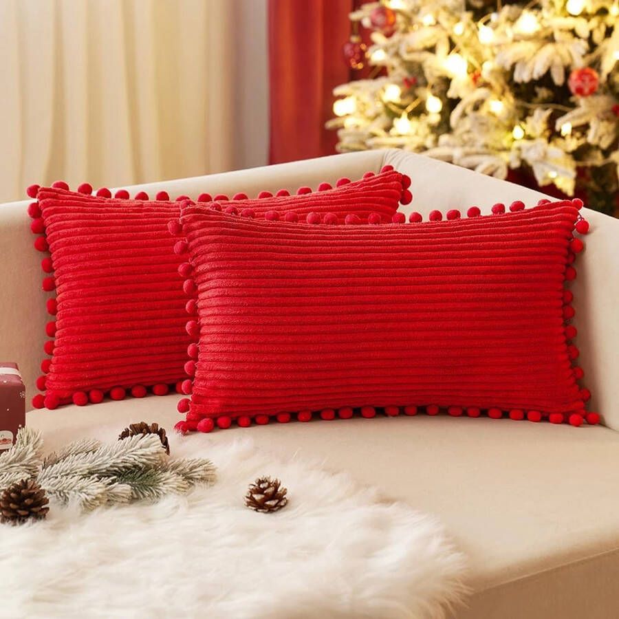 Kussenhoes van 2 fluwelen kussenslopen pompon fluwelen kussenslopen sierkussen decoratieve kussensloop set van 2 voor bank woonkamer slaapkamer cafetaria 30 x 50 cm rood