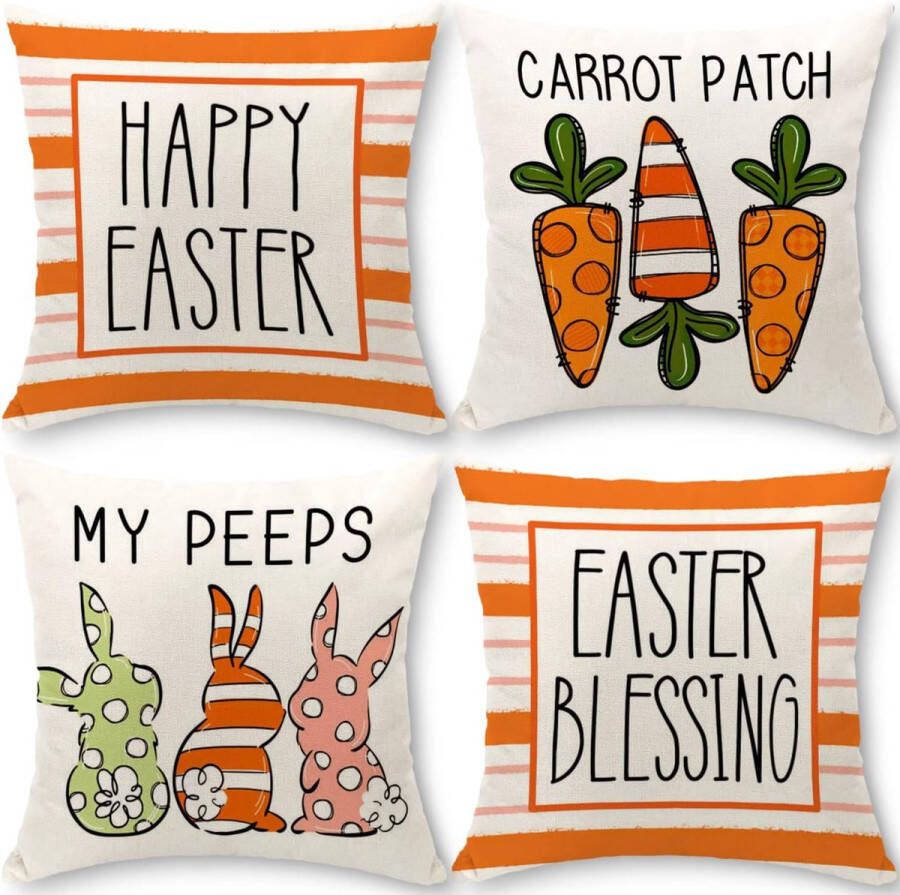Kussenhoes voor Pasen 40 x 40 cm set van 4 stuks decoratieve kussenovertrekken voor Pasen konijnen en wortel voor Pasen decoratie voor thuis bank tuin slaapkamer