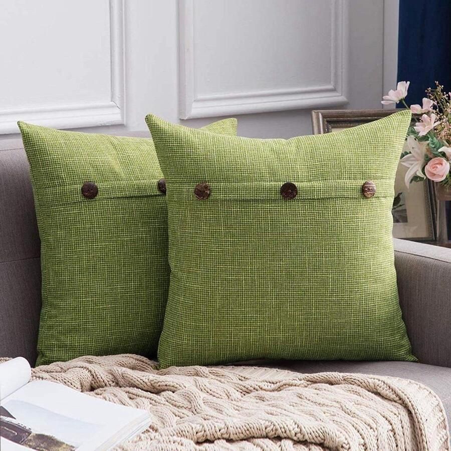 Kussenhoezen 2-delige set linnenlook kussenhoezen met knopen decoratief voor bank slaapkamer woonkamer groen 40 x 40 cm
