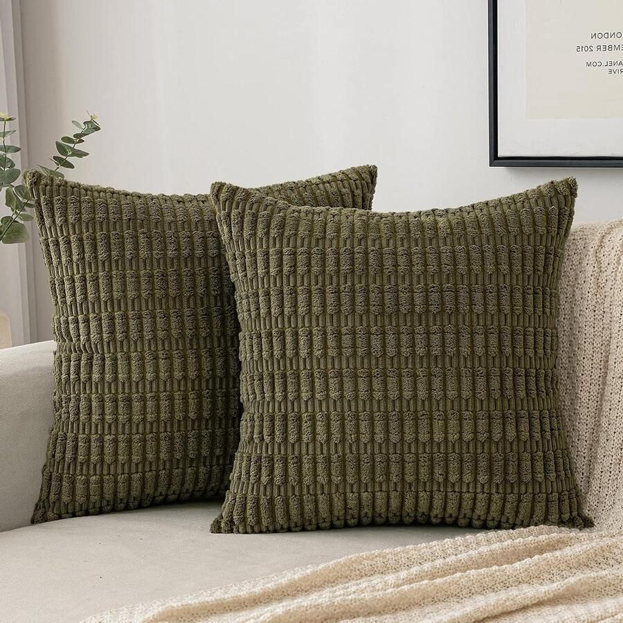 Kussenhoezen 2 stuks 50 x 50 cm corduroy moderne kussenhoezen decoratieve bankkussens zachte sierkussenhoes voor woonkamer bank slaapkamer boho decoratie olijfgroen