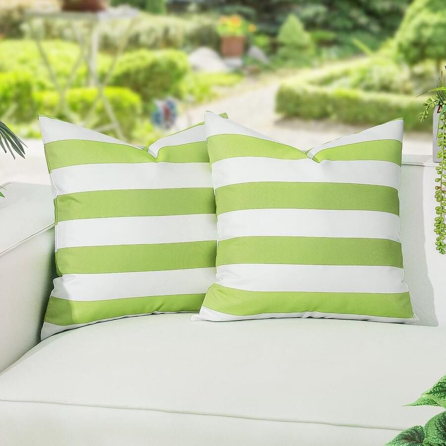 Kussenhoezen 2 stuks 50 x 50 cm vierkante strepen waterdichte kussenslopen voor buiten terras veranda boerderij tuin balkon bank groen en wit