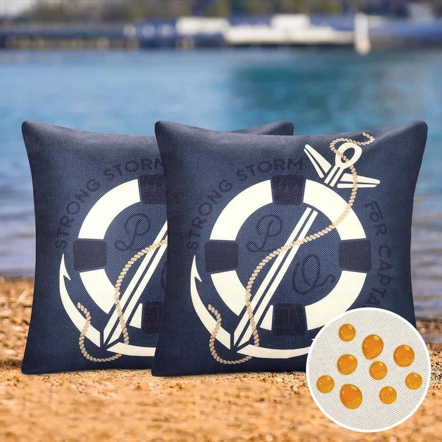 Kussenhoezen 2 stuks waterdicht 45 x 45 cm blauw nautische kussenslopen linnen reddingsring waterdichte kussensloop zeethema outdoor sierkussen voor bank slaapkamer woonkamer