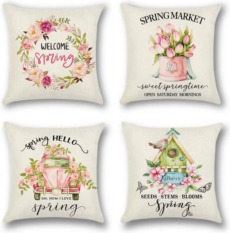 Kussenhoezen 4-delige set decoratieve kussenslopen 45 x 45 cm polyester linnen kussenovertrekken voor bank auto slaapkamer thuis decoratie (lente D)