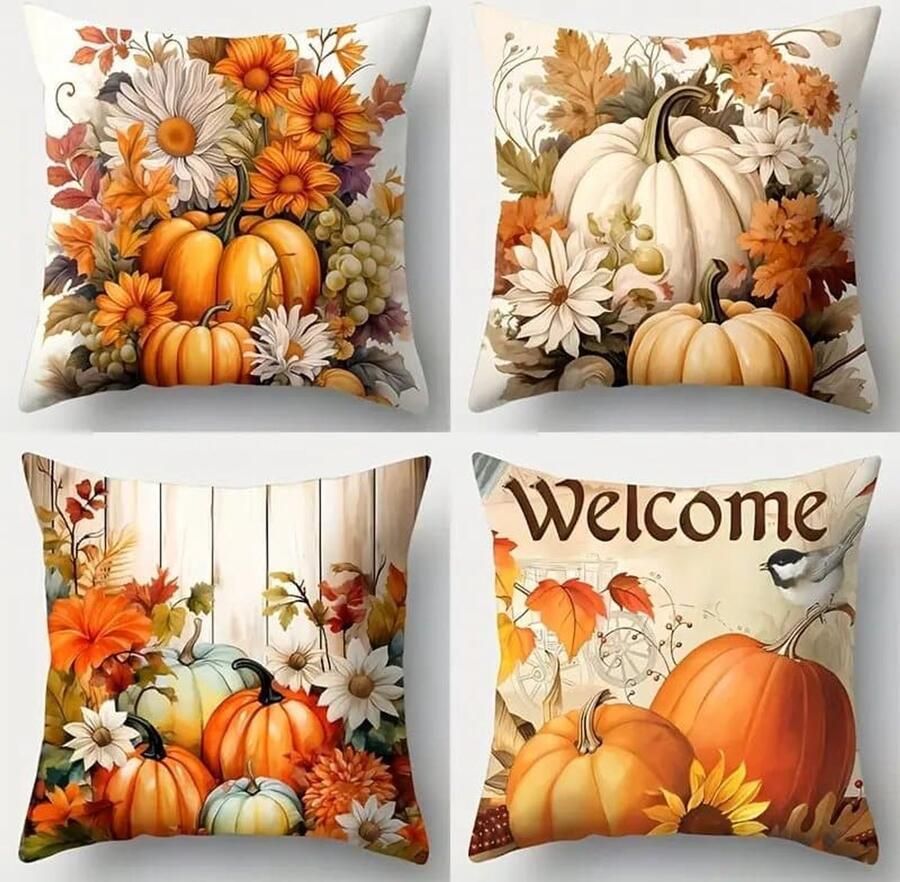 Kussenhoezen 4-pack Herfstpompoenbloemen Decoratieve kussens voor bank en slaapkamer 45x45cm