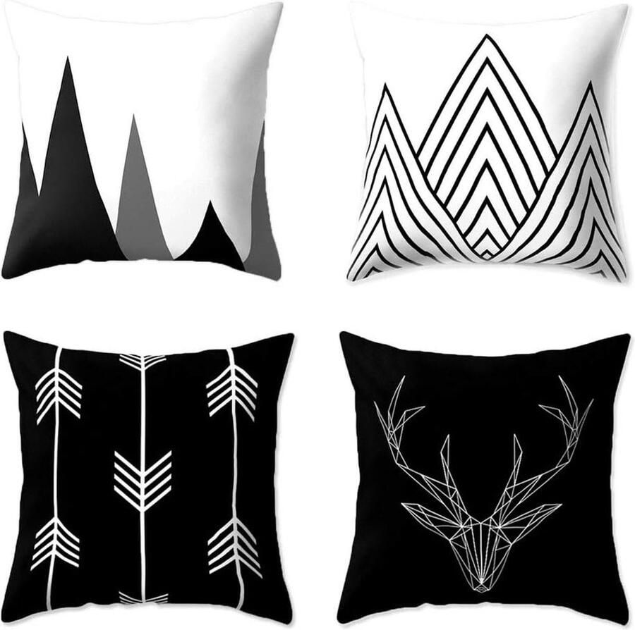 Kussenhoezen 4 stuks 45 x 45 cm geometrisch zwart-wit kussensloop met geometrisch patroon decoratieve kussensloop voor bank slaapkamer woonkamer wooncultuur