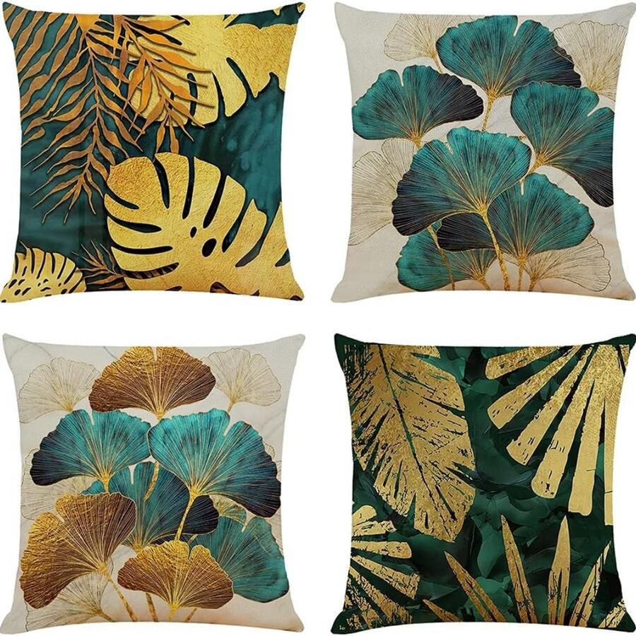 Kussenhoezen 4 stuks linnen vierkante kussenhoezen voor woonkamer bank bed kussensloop met verborgen rits (groen 45 x 45 cm)