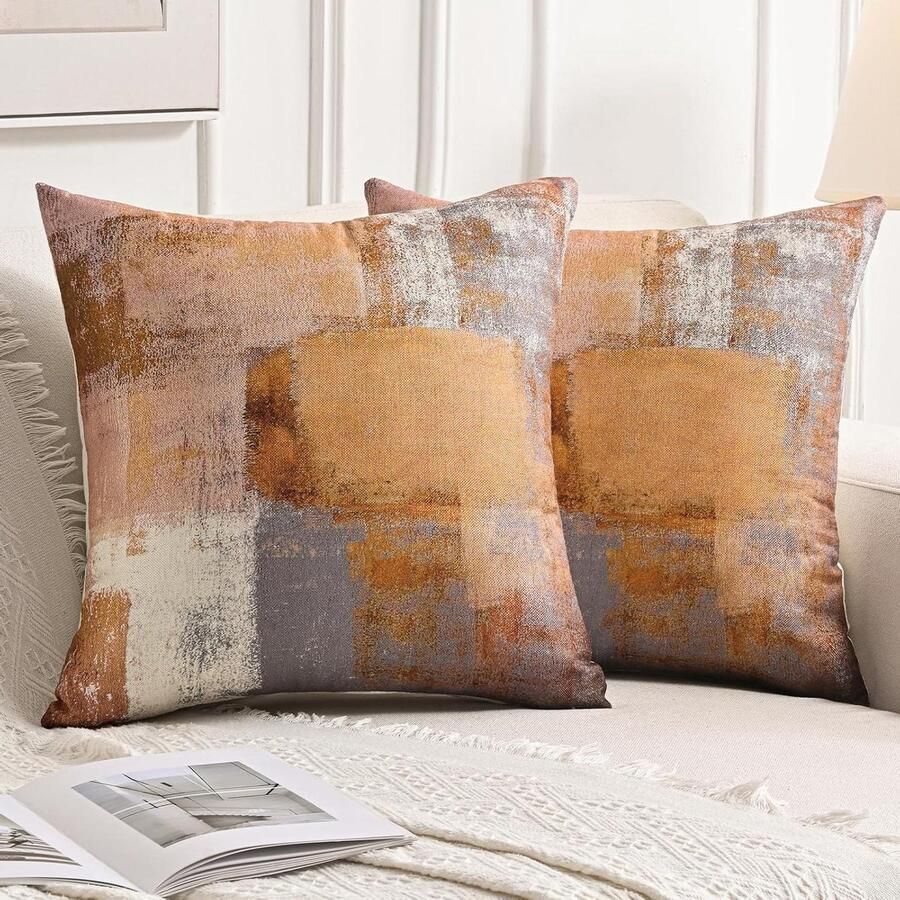 Kussenhoezen 40 x 40 cm oranje-grijs decoratieve kussenslopen set van 2 esthetische abstracte kussenslopen woonkamer voor bank binnenkussen 40x40