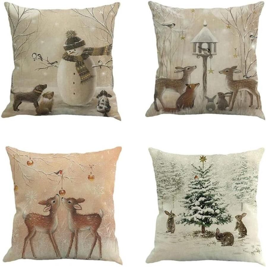 Kussenhoezen Kerstdecoratie Waterdicht Set van 4 Vintage Linen Ontwerp Voor Stoel of Bank