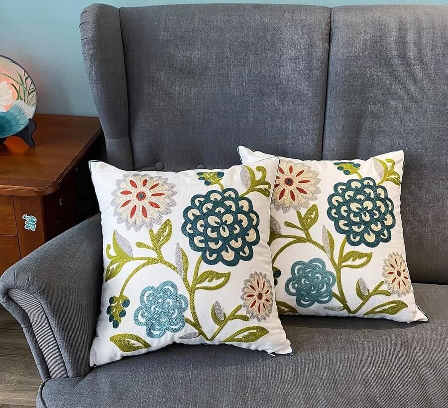 Kussenhoezen met geborduurde bloemen 18x18 zomerdeken decoratieve kussenslopen kleurrijke kussenslopen met boerderijplanten voor op de bank slaapbank woonkamer picknick 2 stuks
