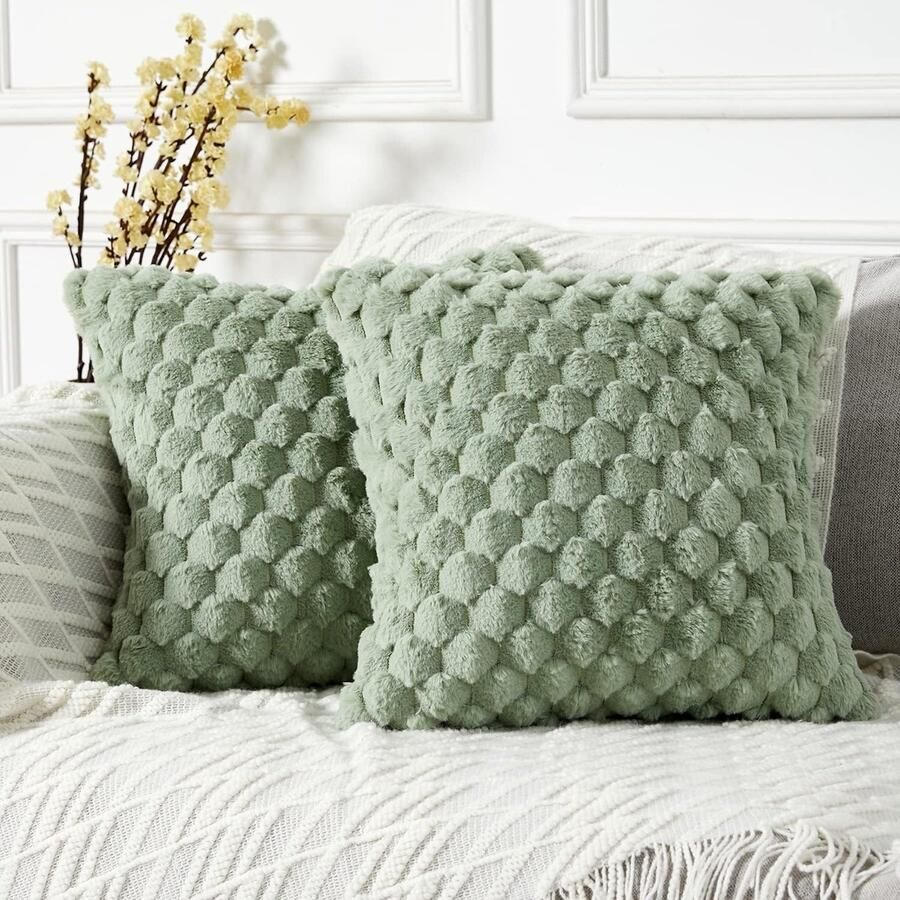 Kussenhoezen Set 2 Stuks Extra Zachte Pluche Hoezen 40x40 cm Luxe Nepbont Design voor Bank en Bed Sage Groene Decoratieve Kussens voor Woonkamer