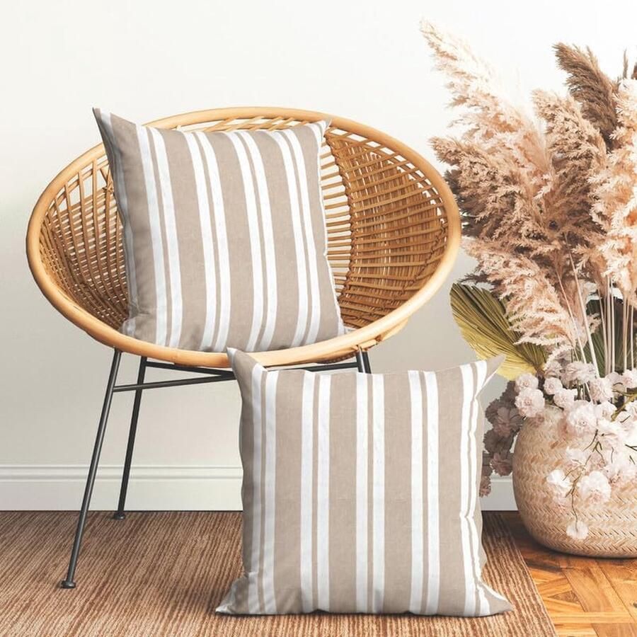 Kussenhoezen set van 2 (50 x 50 cm) Franca beige strepen zacht katoenen canvas ongeverfd rechthoekig kussenhoes kleurrijk decoratief voor woonkamer slaapkamer bank wasbaar