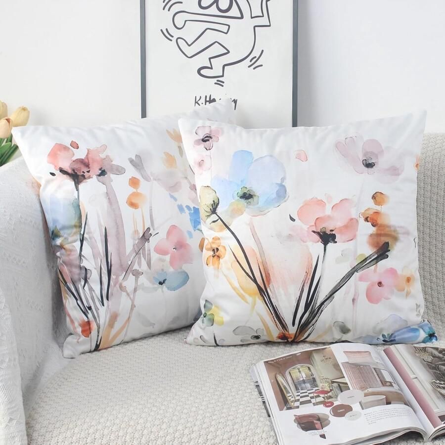 Kussenhoezen set van 2 50 x 50 cm vierkante strepen waterdichte kussenslopen voor buiten terras veranda boerderij tuin balkon bank groen en wit