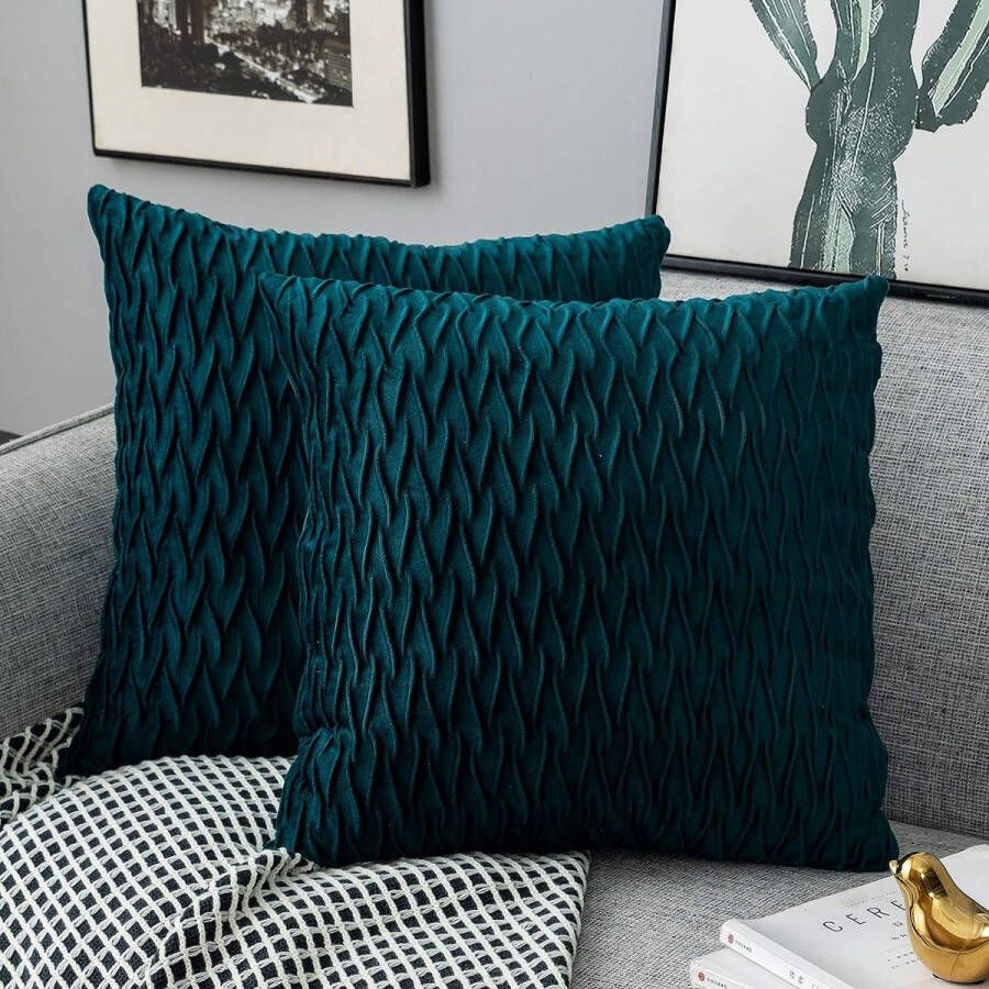 Kussenhoezen set van 2 fluwelen zachte solide decoratieve kussenovertrekken voor sofa slaapkamer 50 cm x 50 cm set van 2 voor bank bed bank stoel slaapkamer en woonkamer blauw-groen