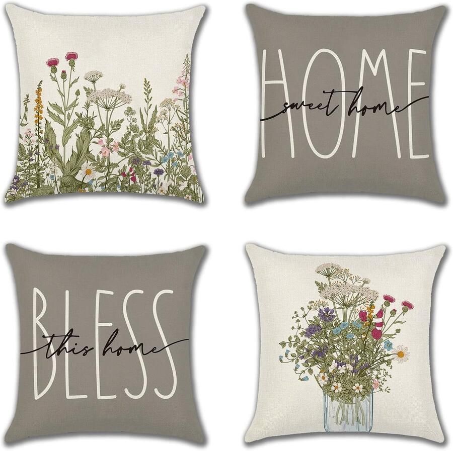 Kussenhoezen set van 4 Blemen decoratieve kussenhoezen buitenkussenhoezen linnen decoratief kussen voor slaapkamer bank stoel bed tuin (45 x 45 cm )