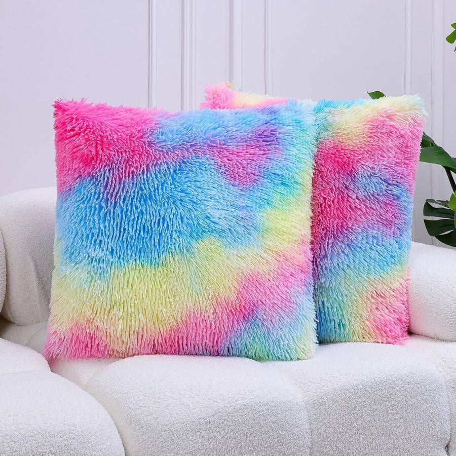 Kussenhoezen superzachte donzige kussenhoes 50 x 50 cm decoratief dubbelzijdig pluche bankkussen knuffelige kussenhoes kussen van imitatiebont bankkussen voor bank regenboog set van 2