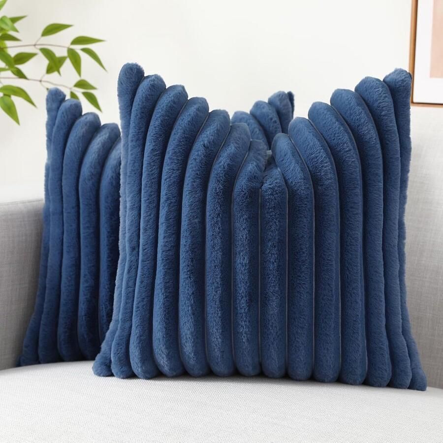 Kussenhoezen van imitatiebont 20 x 20 inch set van 2 decoratieve zachte gestreepte neutrale bankkussenhoezen met fluwelen achterkant voor bank bed woonkamer woondecoratie blauw