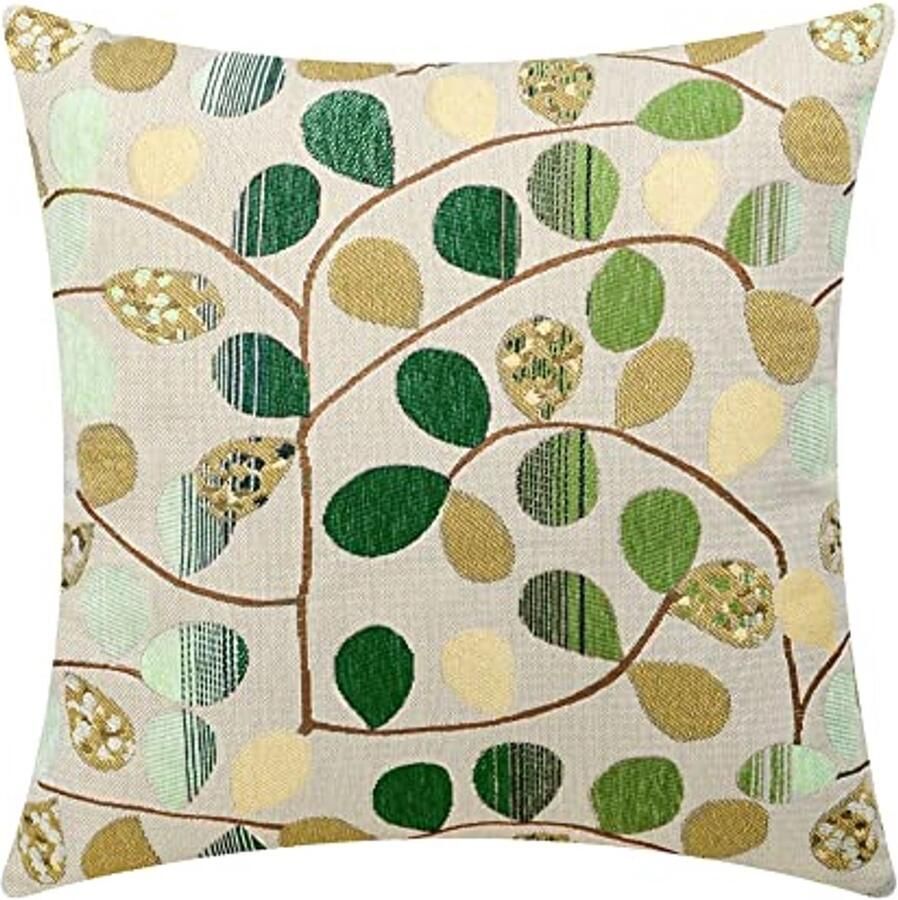 Kussenhoezen voor Bank en Sofa Luxe Chenille met Bladeren 40 cm x 40 cm Ecru Groen