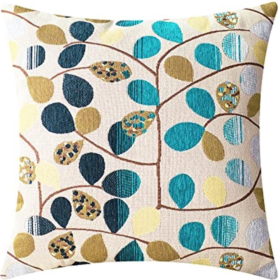 Kussenhoezen voor Bank Luxe Chenille met Bladeren 45x45 cm Ecru Teal Grijs