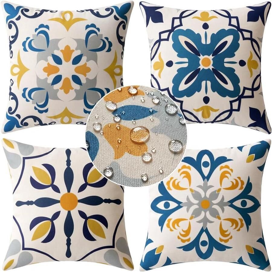 Kussenhoezen voor buiten 4 stuks Blauw geel beige 40 x 40 cm Outdoor linnen sierkussenhoes Waterbestendige sierkussens Kussenslopen loungebank kussens Zonder kussen Vierkant Waterdicht Hoezen voor sierkussen Kussensloop print