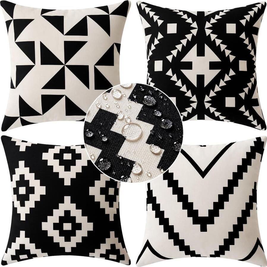 Kussenhoezen voor buiten 4 stuks Zwart beige 45 x 45 cm Outdoor linnen sierkussenhoes Waterbestendige sierkussens Kussenslopen loungebank kussens Exclusief kussen Vierkant Waterdicht Hoezen voor sierkussen Kussensloop met print