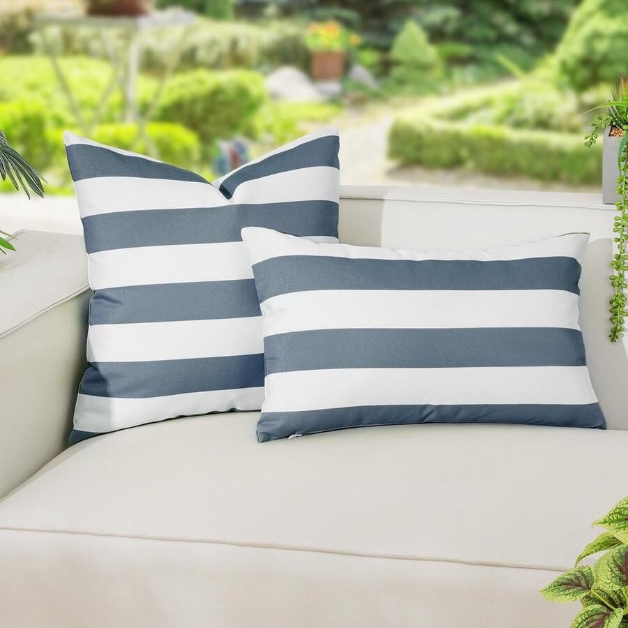 Kussenhoezen voor buiten 45 x 45 cm + 30 x 50 cm vierkante strepen waterdicht voor outdoor terras veranda boerderij tuin balkon bank marineblauw en wit