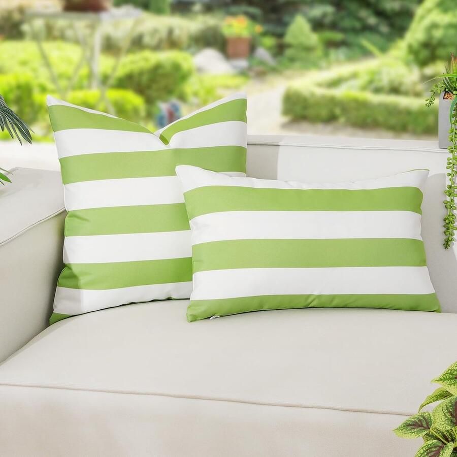 Kussenhoezen voor buiten 45 x 45 cm + 30 x 50 cm vierkante strepen waterdicht voor outdoor terras veranda boerderij tuin balkon bank groen en wit