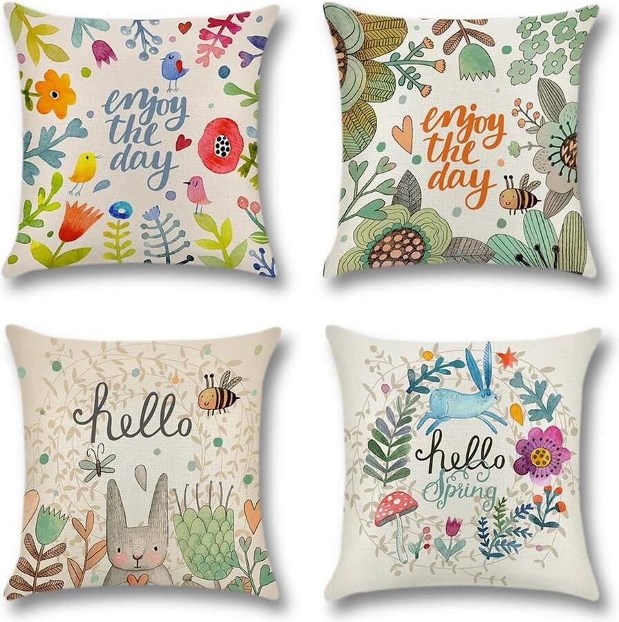 Kussenovertrek van linnen katoen 45 x 45 cm zonder vulling leuk voor op de bank op het bed buiten 4 stuks Kleurrijke lente. 45 x 45 cm