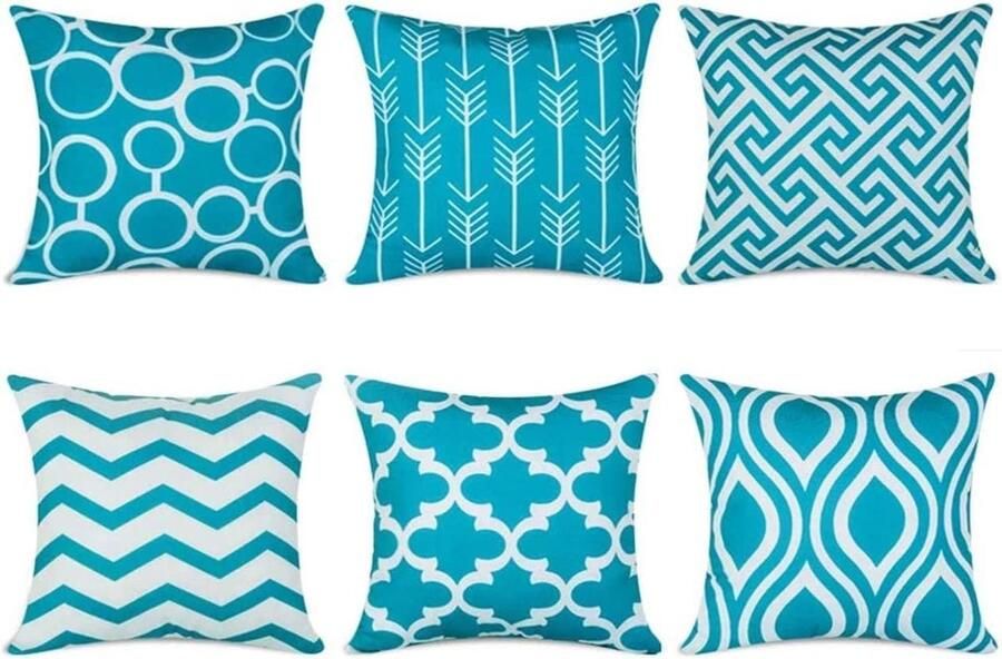 Kussenovertrekken linnen met geometrische patronen voor bank huiskamer auto decoratieve kussenovertrekken 45 x 45 cm verpakking met 6 stuks turkoois 45 x 45 cm