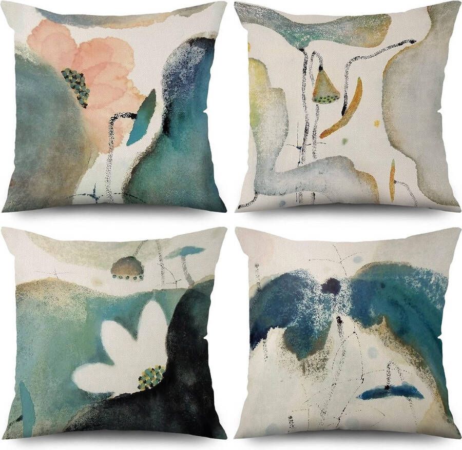 Kussensloop 40 x 40 cm set van 4 aquarel fris lotus beige bank sierkussen kussenhoes wasbaar polyester vlas textiel outdoor bekleding hoofdkussensloop overtrek - Foto 1