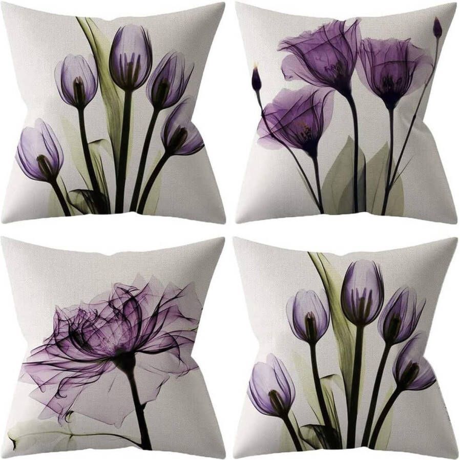 Kussensloop 40 x 40 cm set van 4 sierkussens linnen kussenhoezen paars bloemen kussenhoes decoratieve bankkussens decoratieve kussens luxe decoratie voor bank woonkamer sierkussen