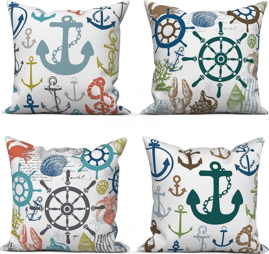 Kussensloop 40 x 40 cm set van 4 stuks maritiem anker zeekompas schaal wit bank sierkussen kussenhoes wasbaar polyester linnen textiel kussenhoes overtrek