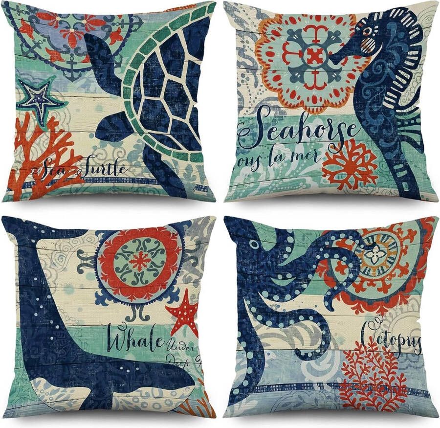 Kussensloop 40 x 40 cm set van 4 stuks retro maritiem hippocampus zeeschildpad bank sierkussen kussenhoes wasbaar polyester linnen textiel bekleding kussenovertrek overtrek