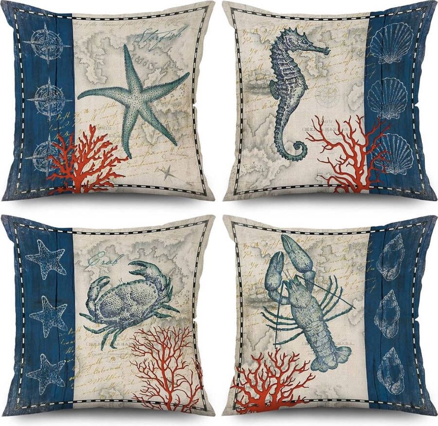 Kussensloop 40 x 40 cm set van 4 stuks retro maritieme kreeft zeester hippocampus bank sierkussen kussenhoes wasbaar polyester linnen textiel kussenhoes overtrek