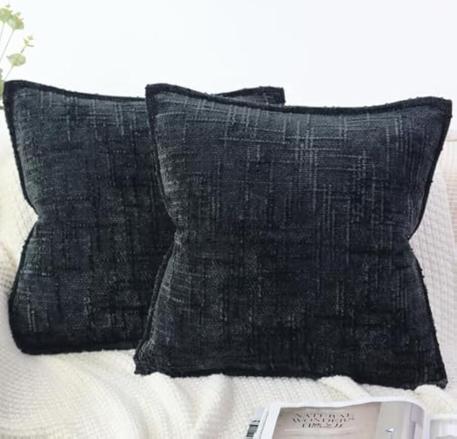 Kussensloop 40 x 40 cm zwart set van 2 zachte chenille kussenslopen textuur bamboevoegen bank sierkussen edel en luxe knuffelkussen voor woonkamer slaapkamer en woondecoratie