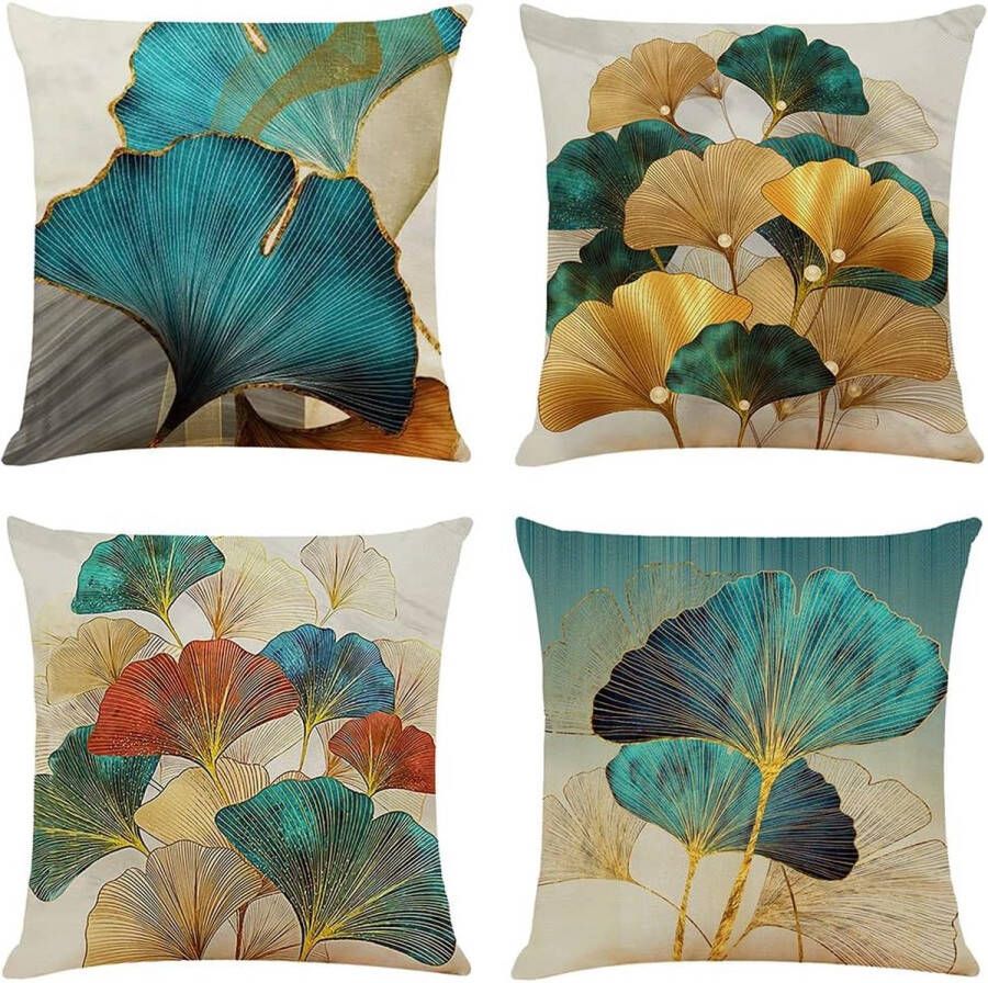 Kussensloop 45 x 45 4-delige set turquoise goud Ginkgo decoratieve kussens kussenhoes sierkussen natuur landelijke stijl decoratieve bankkussen linnen kussenslopen luxe decor voor bank