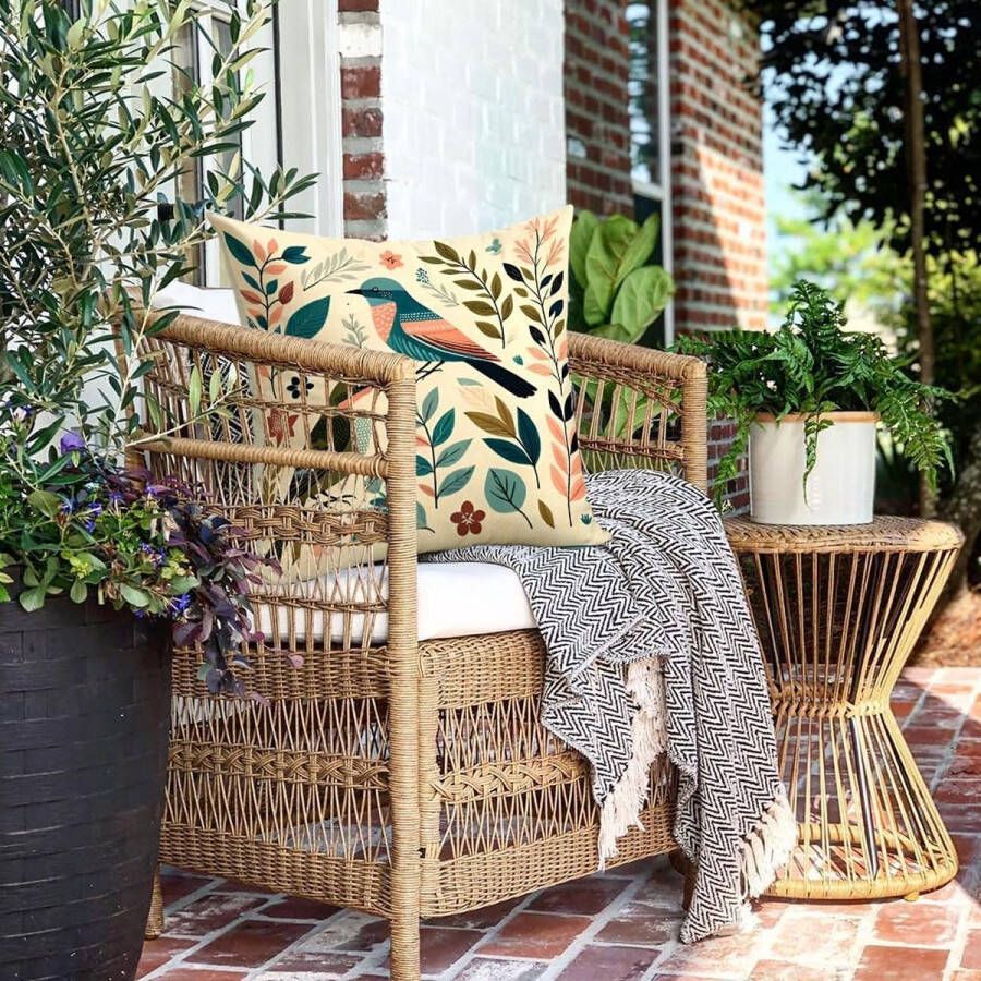 Kussensloop 45 x 45 cm decoratieve set van 4 waterdicht outdoor kussen tuinkussen weerbestendig ademend vogels en bloemen kussensloop tuindecoratie voor buiten thuis bank tuin