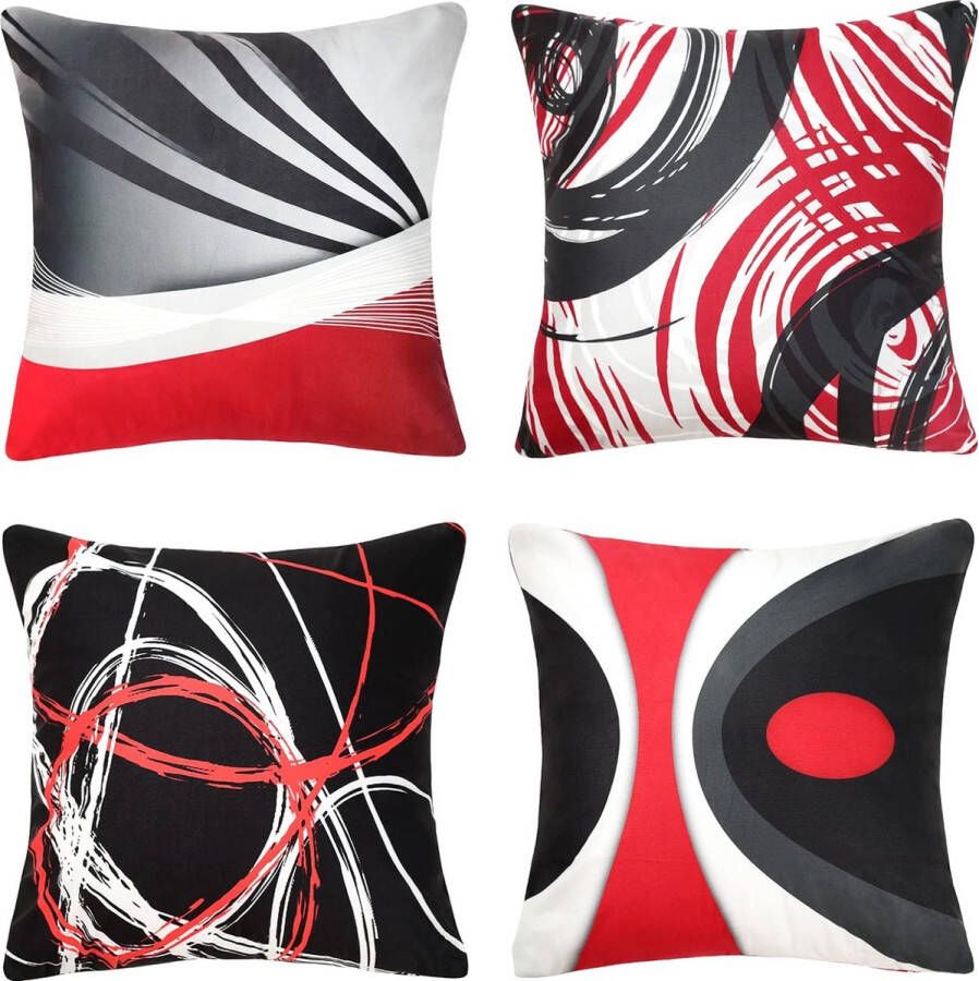 Kussensloop 50 x 50 cm 4-delige set fluweel moderne abstracte decoratie kussenslopen rode strepen grijs wit zwart patroon vierkant zachte sierkussenhoes bank woonkamer stoel decoratie