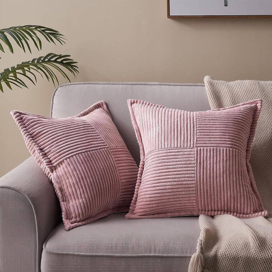 Kussensloop 50 x 50 cm roze set van 2 kussenslopen van corduroy fluweel sierkussen decoratie voor bank slaapkamer woonkamer balkon kinderen pluizig